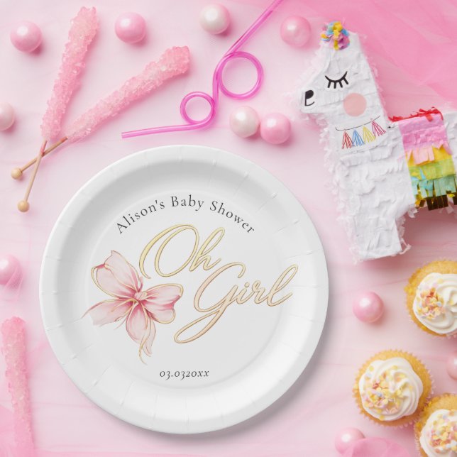 Pink & Gold “Oh Girl” Gold Typography Baby Shower Paper Plate (Party)