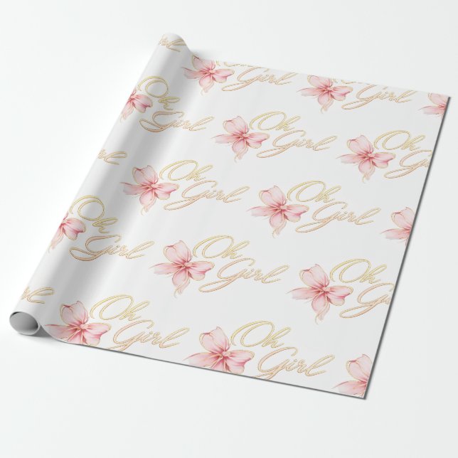 Pink & Gold “Oh Girl” Gold Typography Baby Shower Wrapping Paper (Unrolled)
