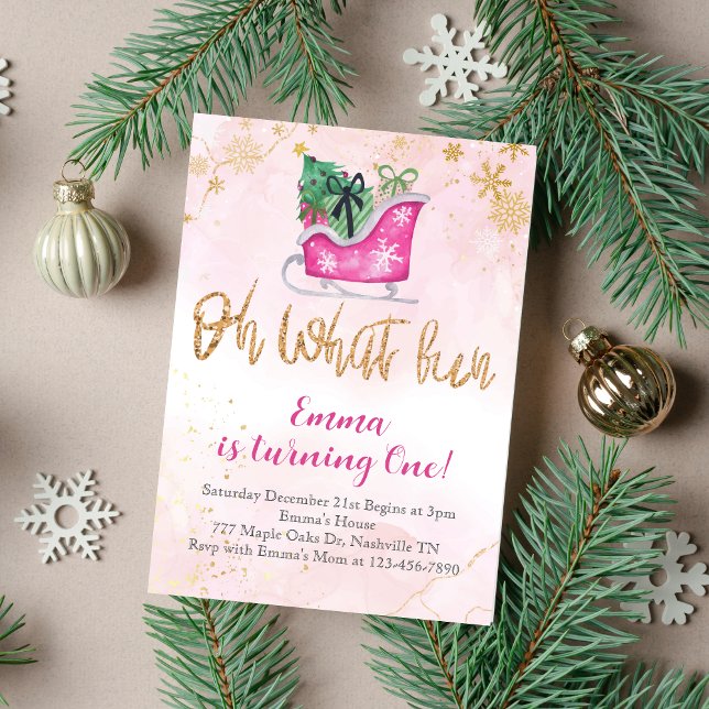 Pink Gold Oh What Fun Christmas 1st Birthday  Invitation (Creator Uploaded)