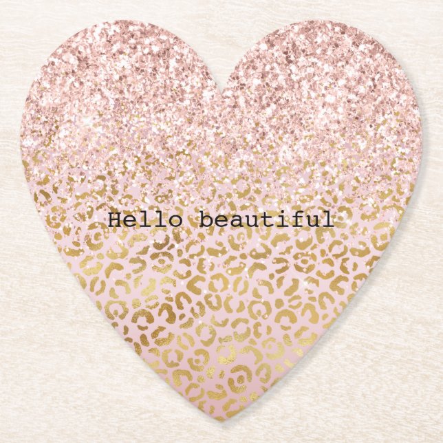 Pink Gold Ombre Leopard Print Blush Glitter      Paper Coaster (Front)