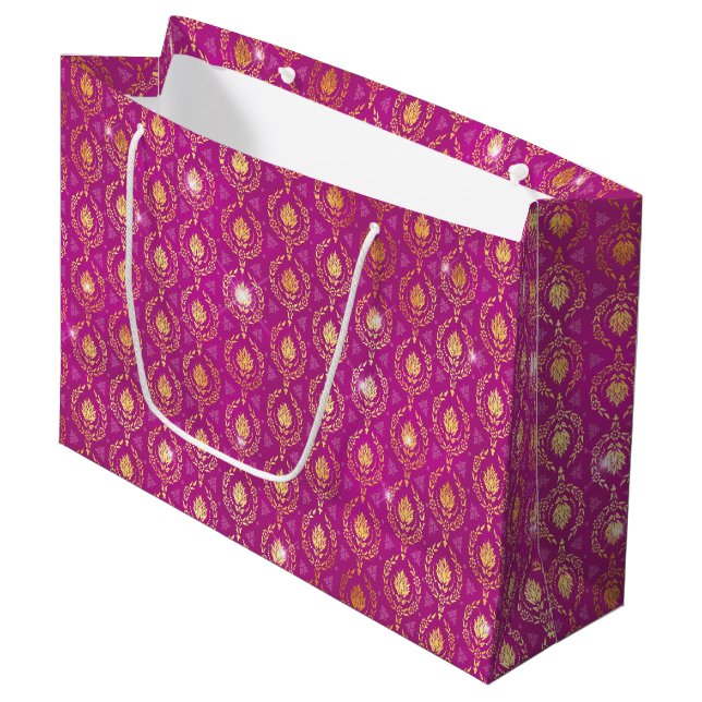 Pink & Gold Ornamental Luxe Pattern with Sparkles Large Gift Bag (Front Angled)