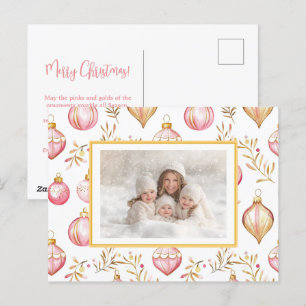 Pink Gold Ornaments Photo Christmas Postcard