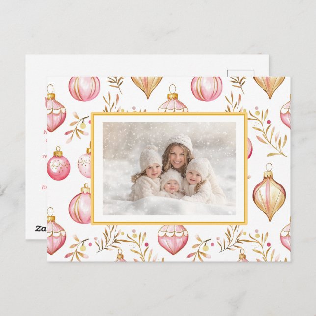 Pink Gold Ornaments Photo Christmas Postcard (Front/Back)