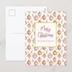 Pink Gold Ornaments Vintage Christmas Holiday Postcard