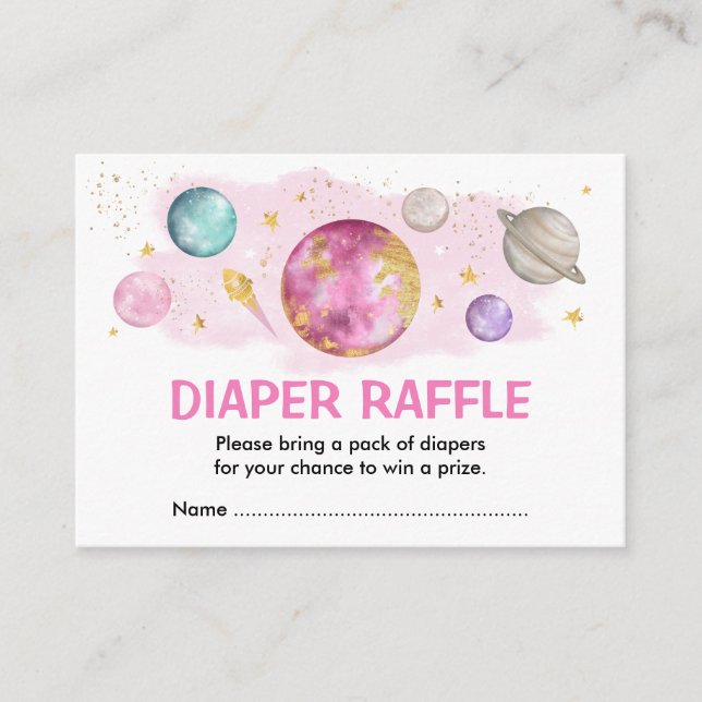 Pink Gold Outer Space Galaxy Baby Diaper Raffle Enclosure Card (Front)