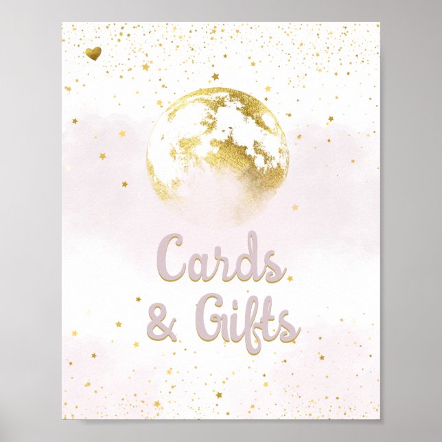 Pink Gold Over the Moon and Stars Baby Shower Sign (Front)