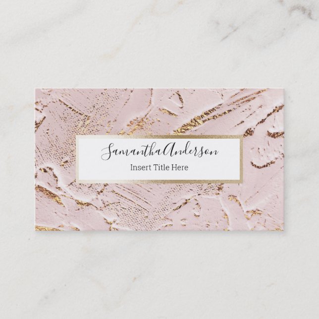 Pink gold paint marble fleck calligraphy name business card (Front)