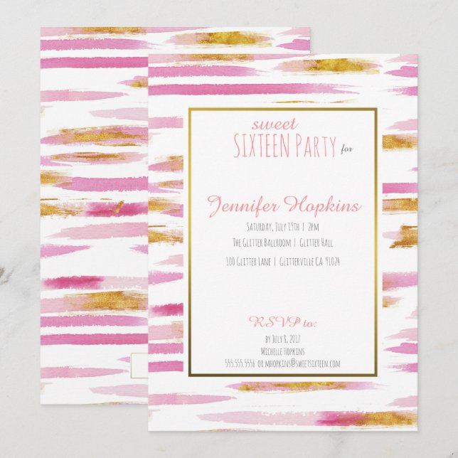 Pink & Gold Paint Stripes Party Invitations (Front/Back)