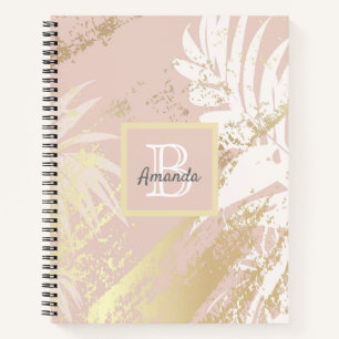 Pink gold palm tree leaves monogrammed notebook