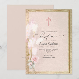 Pink Gold Pampas Grass  Floral BAPTISM Invitation