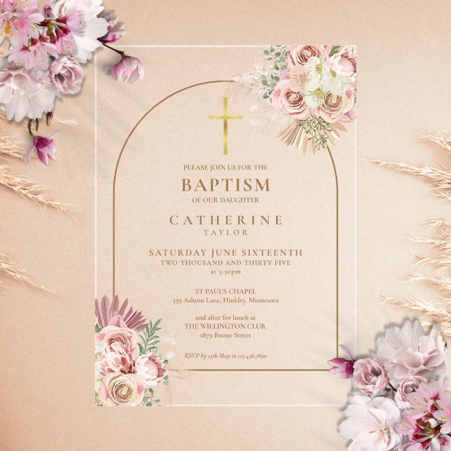 Pink Gold Pampas Grass Girl Baptism Christening  Acrylic Invitations (Pink Gold Pampas Grass Girl Baptism Christening Acrylic Invitations)