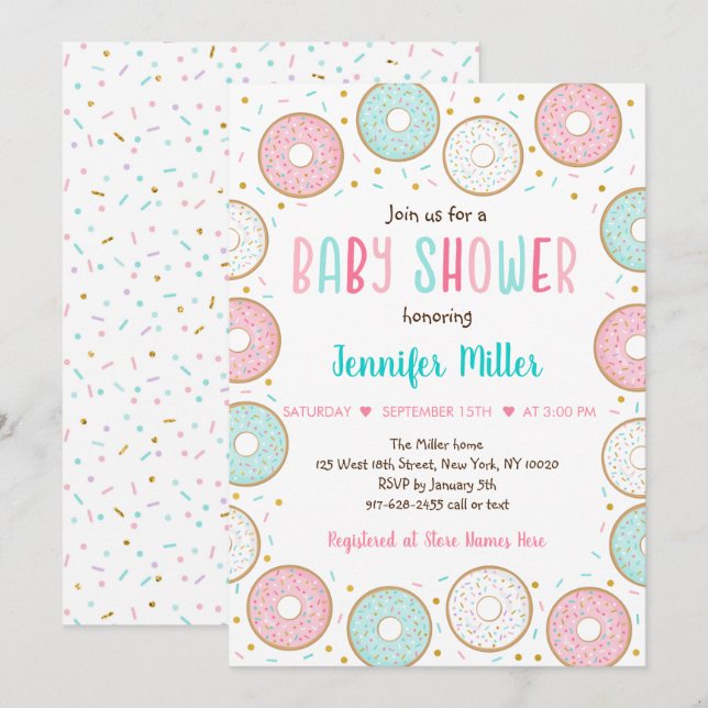Pink Gold Pastel Doughnut Baby Shower Invitation (Front/Back)