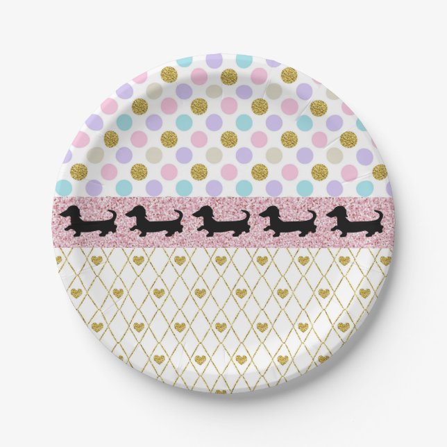 Pink Gold Pastel Glitter Dachshund Paper Plates (Front)