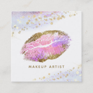 *~* Pink Gold Pastel Glitter Lips Beauty Makeup Square Business Card