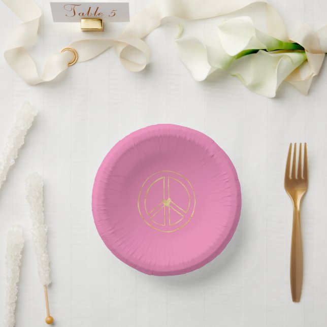 Pink Gold Peace Sign Heart  Paper Plate (Wedding)