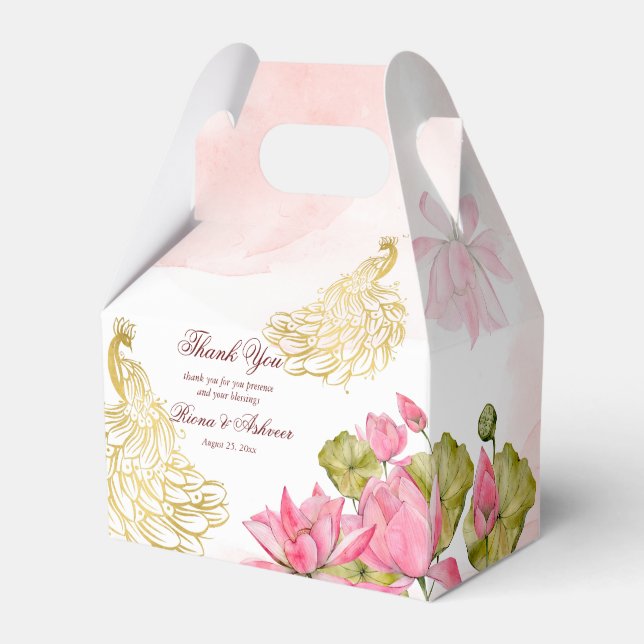 Pink gold peacock lotus Indian wedding thank you Favour Box (Front Side)