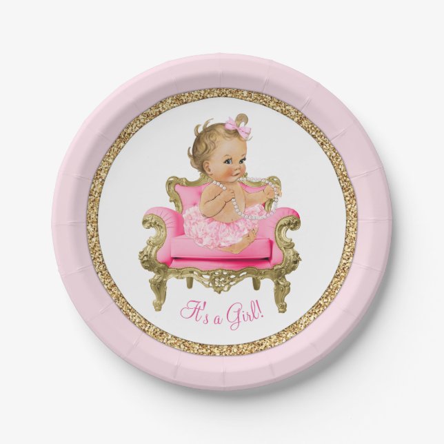 Pink Gold Pearl Chair Girl Baby Shower Paper Plate (Front)