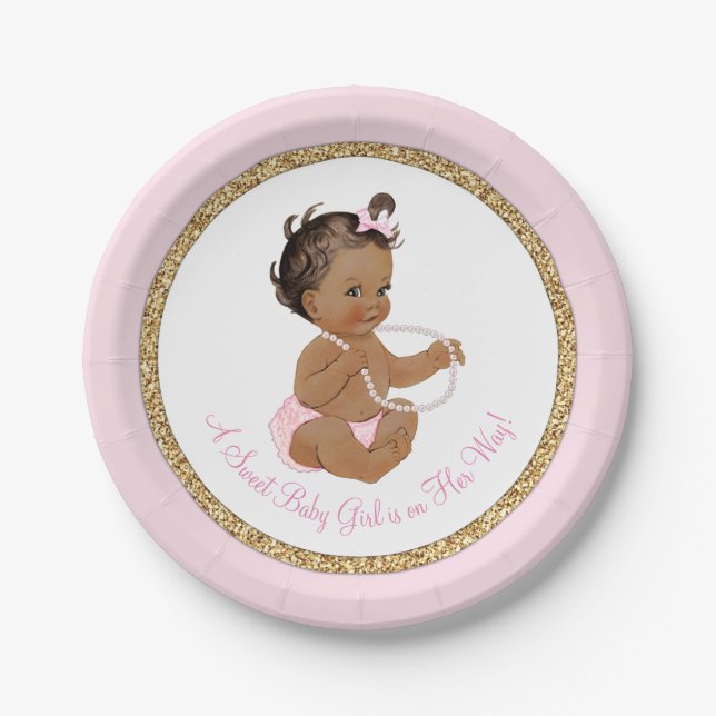 Pink Gold Pearl Ethnic Girl Baby Shower Paper Plate (Front)
