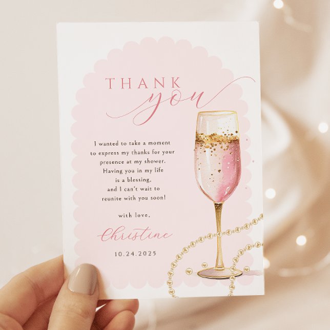 Pink Gold Pearls and Prosecco Bridal Shower Thank You Card (Creator Uploaded)