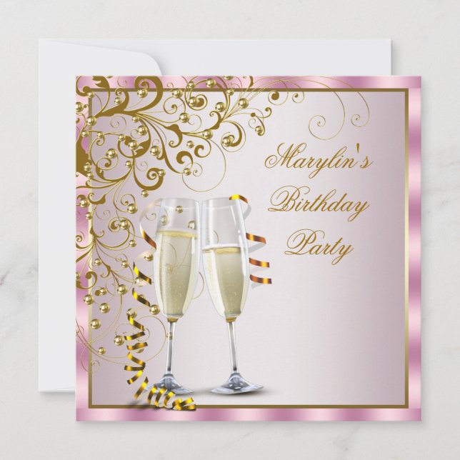 Pink Gold Pearls Pink Gold Womans Birthday Party Invitation (Front)