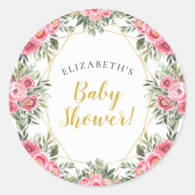 Pink Gold Peonies Baby Shower Classic Round Sticker (Front)