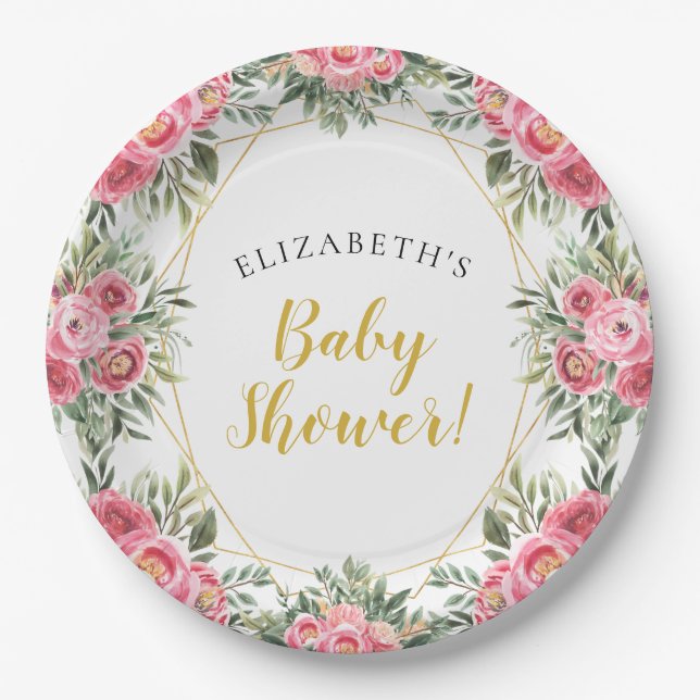 Pink Gold Peonies Baby Shower Paper Plate (Front)