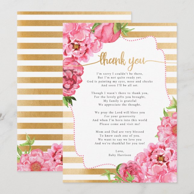 Pink Gold Peonies Baby Shower thank you note Invitation (Front/Back)