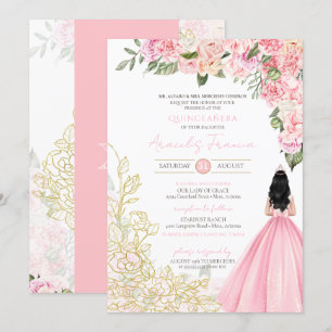 Pink & Gold Peonies Floral Quinceanera Elegant Invitation