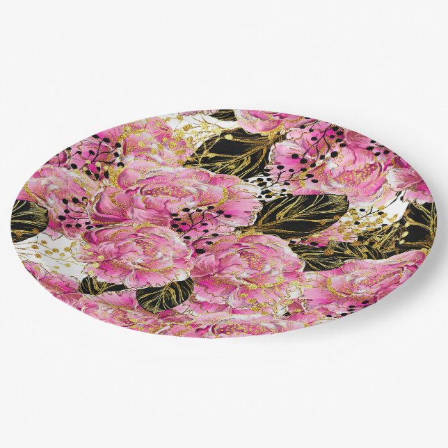 Pink gold peonies paper plate (Angled)