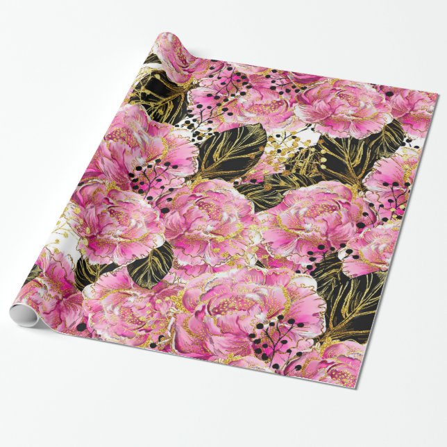 Pink gold peonies wrapping paper (Unrolled)