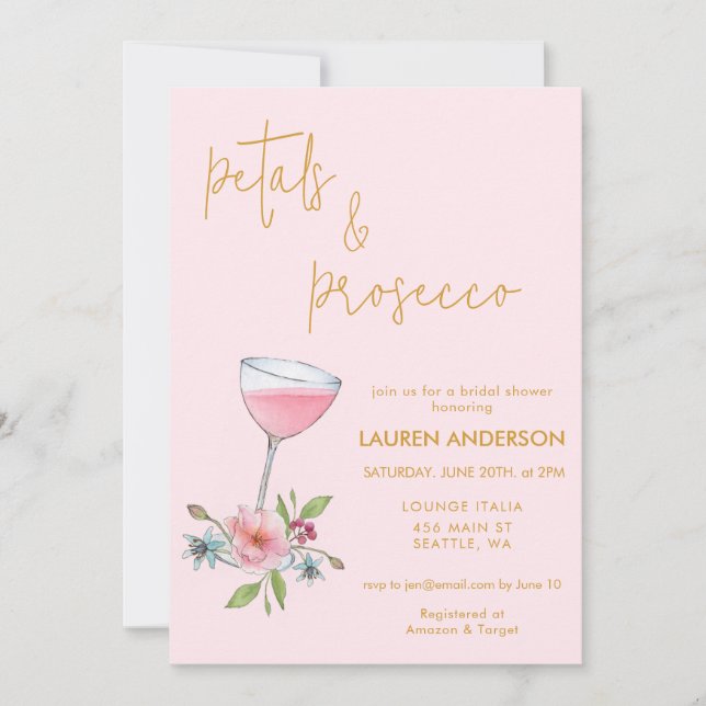 Pink & gold Petals and Prosecco Bridal Shower  Invitation (Front)