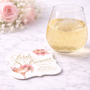 Pink Gold Petals and Prosecco Bridal Shower Paper Coaster