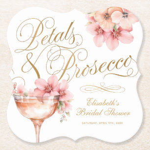 Pink Gold Petals and Prosecco Bridal Shower Paper Coaster