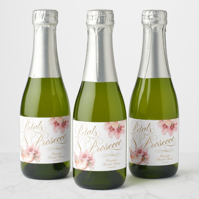 Pink Gold Petals and Prosecco Bridal Shower Sparkling Wine Label (Bottles)