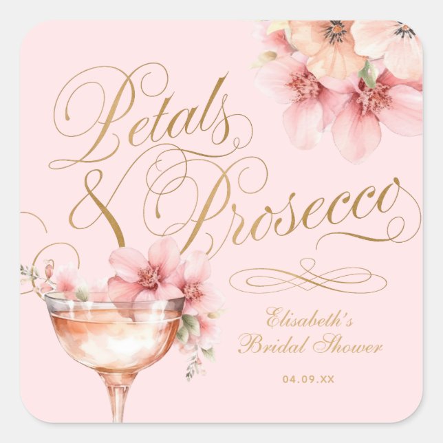 Pink Gold Petals and Prosecco Bridal Shower Square Sticker (Front)