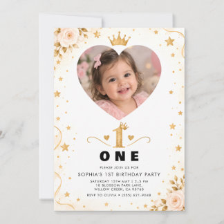 Pink Gold Photo Girl 1st Birthday Invitation