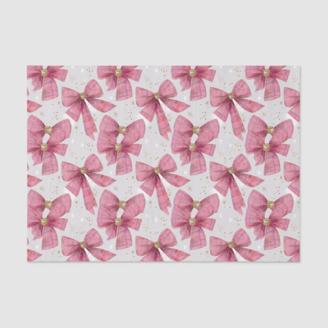 Pink Gold Plaid Bows Christmas Tissue Paper (Front)