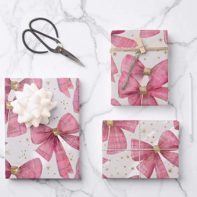 Pink Gold Plaid Bows Christmas Wrapping Paper Sheet (Front)