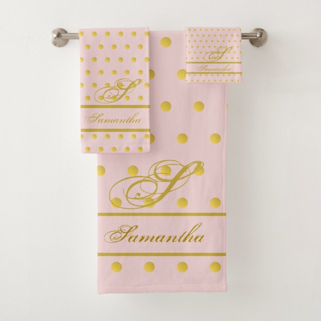Pink Gold Polka Dot Monogrammed Towel Set (Insitu)