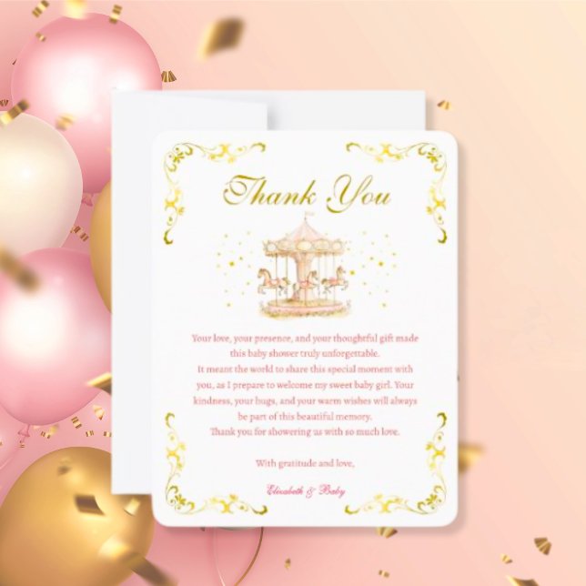 Pink & Gold Pony Dreams-Baby Shower Thank You Card (pink-and-gold-pony-carousel-baby-shower-thank-you-card)