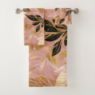Pink Gold Popular Boho Leaves Collection Bath Towel Set