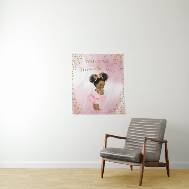 Pink Gold Princess Baby Shower Backdrop Banner Tapestry (In Situ)