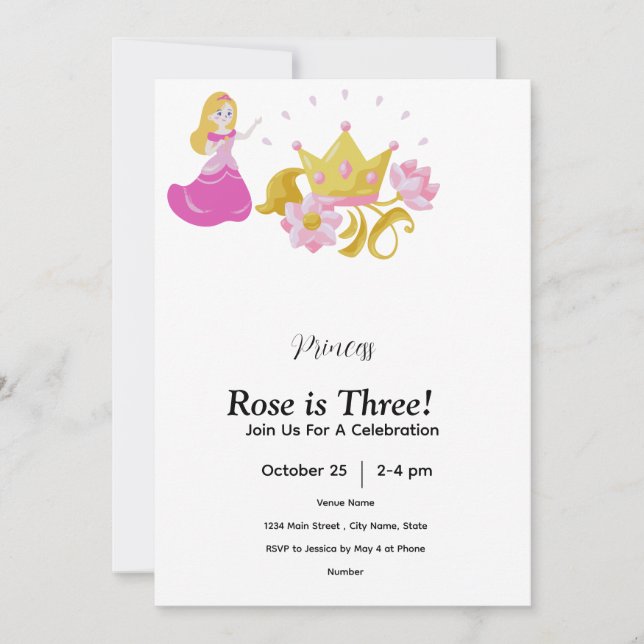 Pink & Gold princess birthday invitation (Front)