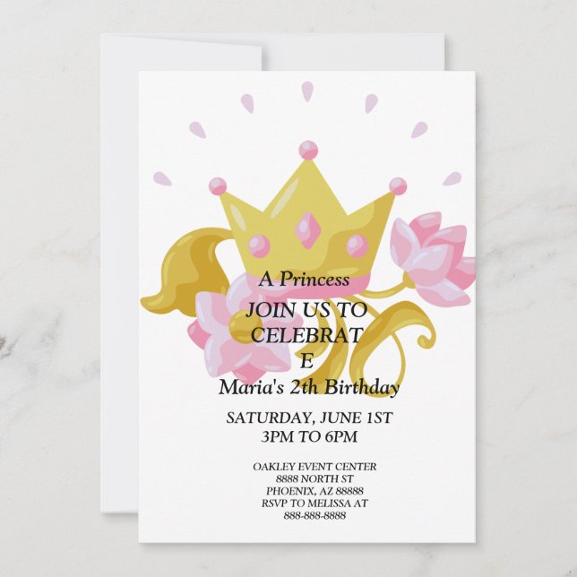 Pink & Gold princess birthday invitation. Invitation (Front)