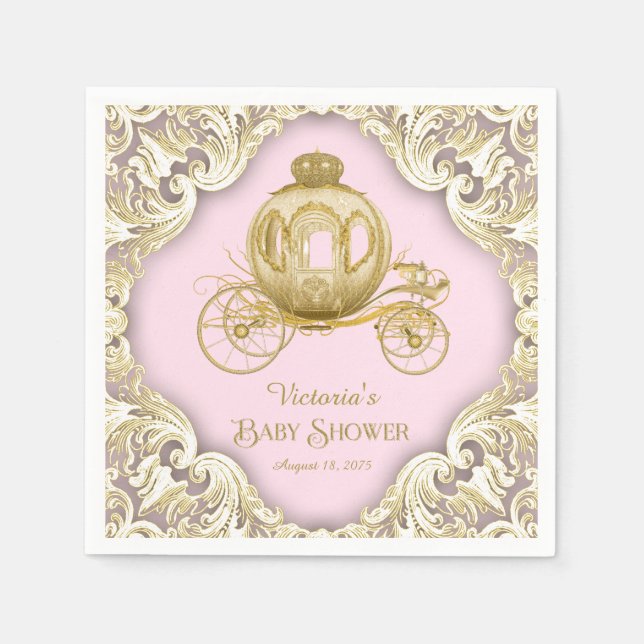Pink Gold Princess Carriage Baby Shower Napkin (Front)