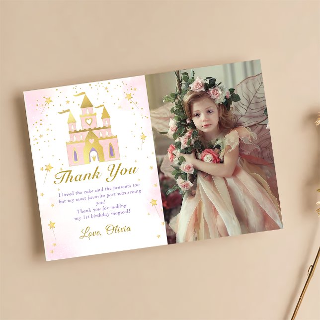 Pink Gold Princess Carriage Birthday Photo Thank You Card (Creator Uploaded)