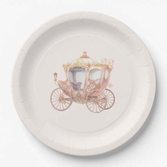 Pink Gold Princess Carriage Fairytale Birthday Paper Plate (Front)
