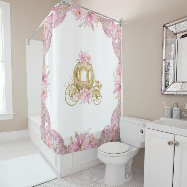 Pink Gold Princess Carriage Shower Curtain (In Situ)