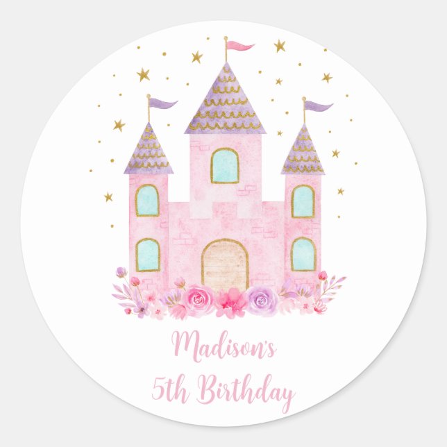 Pink Gold Princess Castle Birthday Classic Round Sticker (Front)