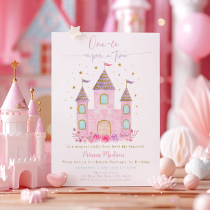 Pink Gold Princess Castle First Birthday Invitation